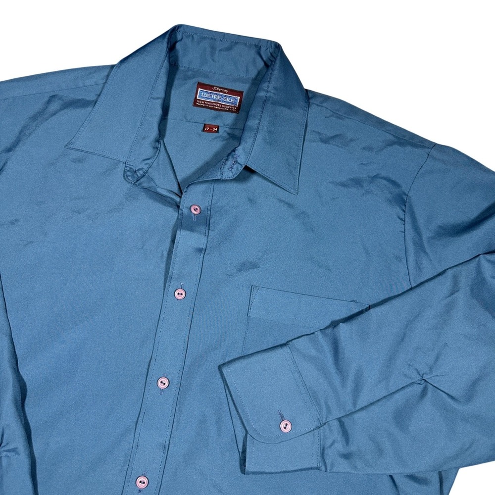 Vintage 70s JCPenney Lustre-Silk Teal Blue Polyester Button Down Shirt 17-34